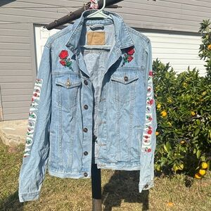 Rue21 Light Blue Denim Jacket with Red and Green Embroidery